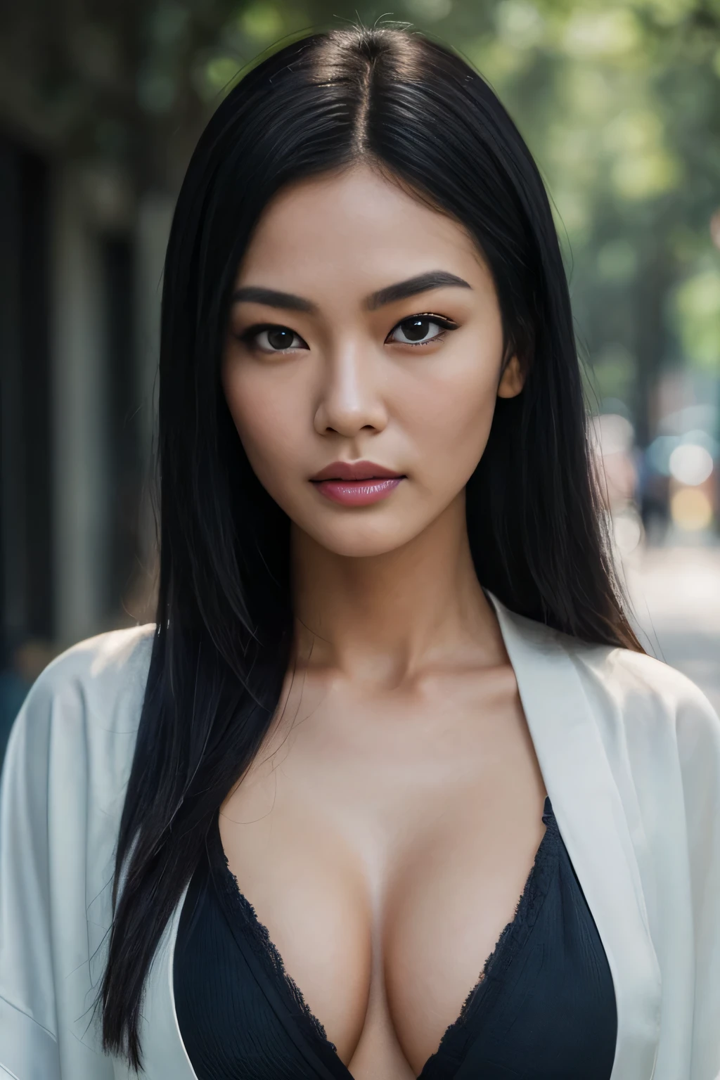 photo of a 35 years old, (chinese girl), (((european girl))), RAW, beautiful woman,((((high prominent cheekbones)))), (((thin pointy nose))), ((thin eyebrows)), ((((long straight black hair)))), (((supermodel face))), (dark brown eyes), (( perfect anatomy)), (((busty))), ((detailed face:1.2)), ((detailed facial features)), (finely detailed skin), (((white kimono with cleavage))), . (vivid colors), damp, moist, reflections, (masterpiece) (perfect proportion)(realistic photo)(best quality) (detailed) photographed on a Canon EOS R5, 50mm lens, F/2.8, HDR, (8k) (wallpaper) (cinematic lighting) (dramatic lighting) (sharp focus) (intricate) fashion, realistic skin texture, POV, Nikon d850, film stock photograph,4 Kodak Portra 400, camera f1.6 lens, rich colors, ultra-realistic, hyper-realistic, ultra-detailed, hyper-detailed, ((perfect face, perfect body), RAW photography, realistic skin texture, summer atmosphere, (((standing)) ,((matte skin))