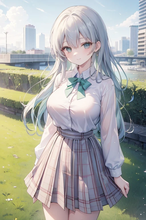 Show your chest,Kaori Hojo, girl, (masterpiece: 1.1), (highest quality: 1.1), upper body shirt, (white shirt: 1.1), (plaid skirt: 1.1), high waist skirt, rest [green grass : pink , :0.5] theme, (Urban background: 1.1), denim lenses, break Silver, long, green eyes, view, , long low, girl, big breasts,smiled mischievously 