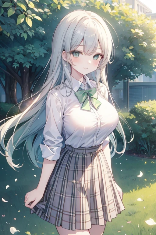 Show your chest,Kaori Hojo, girl, (masterpiece: 1.1), (highest quality: 1.1), upper body shirt, (white shirt: 1.1), (plaid skirt: 1.1), high waist skirt, rest [green grass : pink , :0.5] theme, (Urban background: 1.1), denim lenses, break Silver, long, green eyes, view, , long low, girl, big breasts,smiled mischievously 