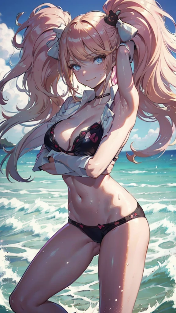 young girl, long bangs pink hair, blue eyes, smirk, full body, high quality, 4k, HD, Good detailed, white skin, cute, detailed skin texture, glistening skin, detailed beautiful and delicate face:1.3, bikini, padded Crop Top, black bikini, big natural breast, narrow waist, detailed hair with bangs, detailed long messy hair:1.3, random hairstyle, blonde hair, Smiling:1.2, she feels hot and sweating, standing in the beach