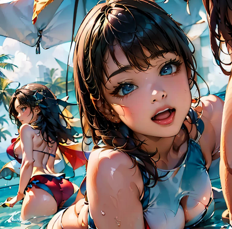((Highest quality、masterpiece、8K、Realistic、超High resolution、Very delicate and beautiful、High resolution、Cinema Lighting、Realistic style, Vibrant colors, High Contrast, Sharp details, 8K resolution)), ((Three young women having fun playing in the blue sea:1.8)), sunny summer day, White sand beach, Turquoise Sea, Transparent waves, sunlight reflected on the water surface, ((Women in swimsuits, One person is wearing a red bikini, One of them is wearing a white swimsuit, The other one is in a blue swimsuit, Smiling and splashing water)), A small island can be seen in the distance, Palm tree, Parasol, Beach ball,