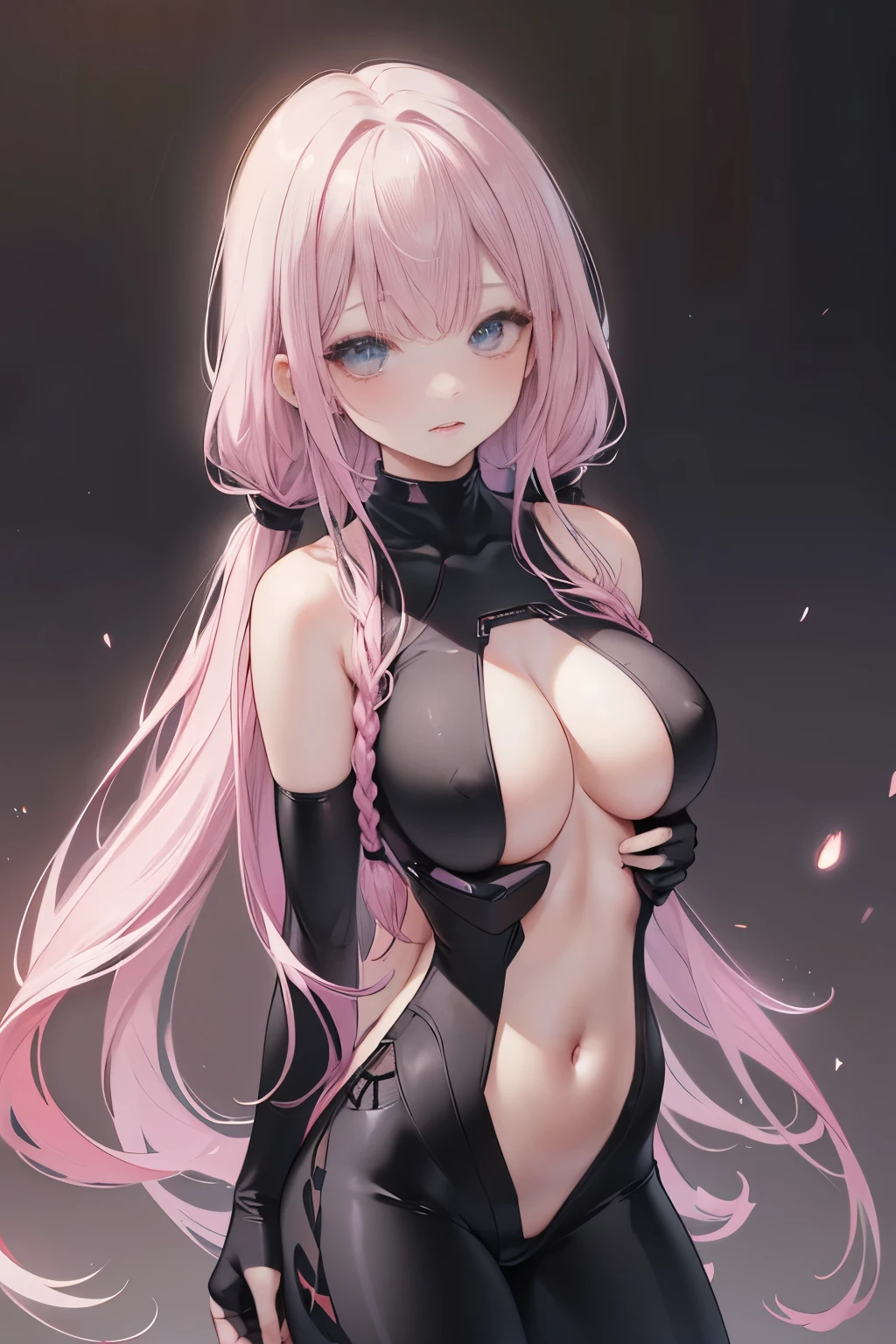 Optimal,masterpiece,High resolution,Highest quality,(Cowboy Shot)、Cute face,Pink Hair、Long Hair、Twin tails、((Shooting from the front:1.5)), ((Wearing tight fitting black separates:1.5)). ((Beautiful nipples))、((Big Breasts:1.5)), Wet and transparent