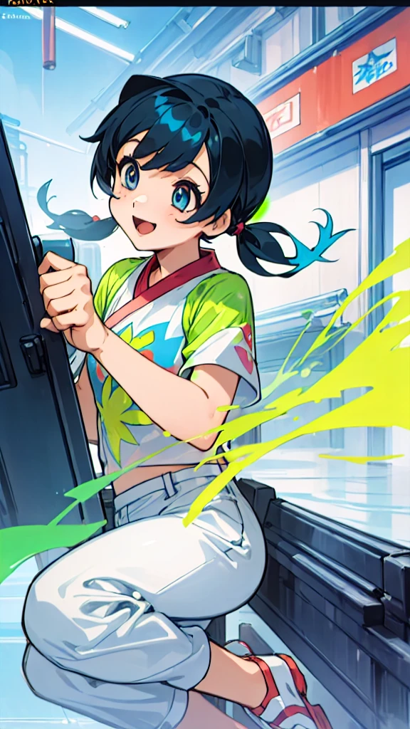 (Boyish Digital Artwork:1.3) of (Screen print:1.3),(Happy:1.3) A photo of a girl, xiangling \(genshin impact\) blue hair, pigtails,CGSociety,ArtStation,(CMYK Colors:1.3), shiny, shiny hair, shiny skin, shiny clothes