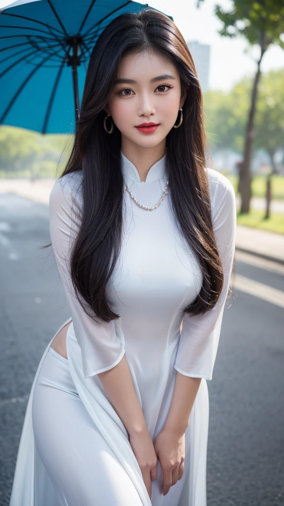 detailed body, attractive body, perfect human body, realistic face,
(ultimate quality, masterpiece, highres:1.0), realistic:1.6, photorealistic,
[8k UHD photos, UHD high quality photos, Super detailed and super clear images],
Close-up of 2 Vietnamese girl with a beautiful face and balanced body, leggy, round face, big round eyes, Charming smile, Red lips, long curly eyelashes, big dimples, pointed chin, plump face, Her face resembles Tuyet Linh, Tall and plump figure, wear necklaces and earrings,
wearing a bright and white shiny satin silk ao dai, Two girls standing and kissing under rain on the road city, pose sexy,
Satin silk ao dai,