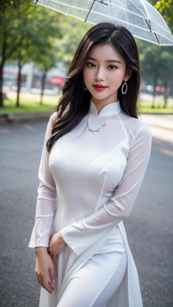 detailed body, attractive body, perfect human body, realistic face,
(ultimate quality, masterpiece, highres:1.0), realistic:1.6, photorealistic,
[8k UHD photos, UHD high quality photos, Super detailed and super clear images],
Close-up of 2 Vietnamese girl with a beautiful face and balanced body, leggy, round face, big round eyes, Charming smile, Red lips, long curly eyelashes, big dimples, pointed chin, plump face, Her face resembles Tuyet Linh, Tall and plump figure, wear necklaces and earrings,
wearing a bright and white shiny satin silk ao dai, Two girls standing and kissing under rain on the road city, pose sexy,
Satin silk ao dai,