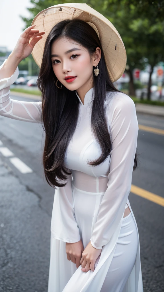 detailed body, attractive body, perfect human body, realistic face,
(ultimate quality, masterpiece, highres:1.0), realistic:1.6, photorealistic,
[8k UHD photos, UHD high quality photos, Super detailed and super clear images],
Close-up of 2 Vietnamese girl with a beautiful face and balanced body, leggy, round face, big round eyes, Charming smile, Red lips, long curly eyelashes, big dimples, pointed chin, plump face, Her face resembles Tuyet Linh, Tall and plump figure, wear necklaces and earrings,
wearing a bright and white shiny satin silk ao dai, Two girls standing and kissing under rain on the road city, pose sexy,
Satin silk ao dai,