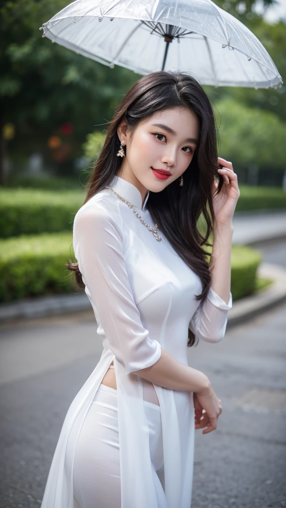 detailed body, attractive body, perfect human body, realistic face,
(ultimate quality, masterpiece, highres:1.0), realistic:1.6, photorealistic,
[8k UHD photos, UHD high quality photos, Super detailed and super clear images],
Close-up of 2 Vietnamese girl with a beautiful face and balanced body, leggy, round face, big round eyes, Charming smile, Red lips, long curly eyelashes, big dimples, pointed chin, plump face, Her face resembles Tuyet Linh, Tall and plump figure, wear necklaces and earrings,
wearing a bright and white shiny satin silk ao dai, Two girls standing and kissing under rain on the road city, pose sexy,
Satin silk ao dai,