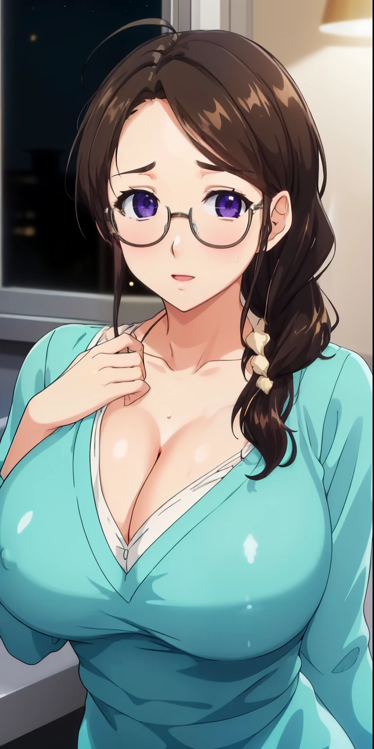 (Night:1.7), Modern apartment, high rise, CityView, Before Window,
Standing at attention,Hands Down,
Green shirt,long sleeves, cleavage, collarbone,
Glasses,brown hair,purple eyes,braid,single braid,yellow hair ornament,
1 girl, 20yo,Young female,Beautiful Finger,Beautiful long legs,Beautiful body,
Beautiful Nose,Beautiful character design, perfect eyes, perfect face,expressive eyes,
looking at viewer, in the center of the image,(Upper_body),(Focus on her face),
official art,extremely detailed CG unity 8k wallpaper, perfect lighting,Colorful, Bright_Front_face_Lighting,shiny skin,
(masterpiece:1.0),(best_quality:1.0), ultra high res,4K,ultra-detailed,
photography, 8K, HDR, highres, absurdres:1.2, Kodak portra 400, film grain, blurry background, bokeh:1.2, lens flare, (vibrant_color:1.2)
(Beautiful,large_Breasts:1.4), (beautiful_face:1.5),(narrow_waist),(nipples),(show tits)