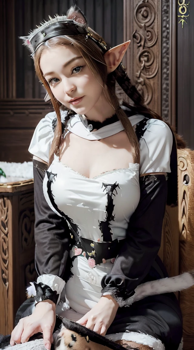 Beautiful woman, (Elf Queen:1.4) Sitting on the throne,(Cat maid outfit:1.8) , Perfect Face, whole body, Victorian era, Aristocratic costume, Intricate decoration, spelling, talk, smile, Put your arms behind your back, Soft Rim Light, Beautifully detailed skies, masterpiece, Ultra-high resolution, high quality, 4K, (photographrealistic:1.2), photograph,