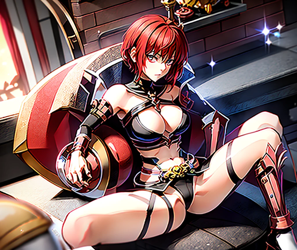 Anime, 1 girl, red hair, short hair, blue eyes, Yellow glowing eyes, Abdominal pain, The light sparkles beautifully., Beautiful fair skin, Guillotine Cross Set - Ragnarok Online, Sit back and relax., Hand holding a round red glass bottle of water, drink red juice, red nectar (Skull-shaped round bottle), Take it easy, friendly, Magical light