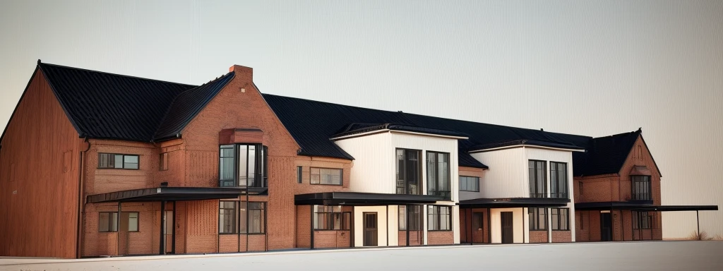 a depiction of a house with a gable roof, highly rendered, 3/4 View realistic, Architectural visualization, 3D-Rendering, rendered 3D model, 3D-Rendering, red brick wall. traditional black standing seam roof, Sky sunny. In front of the house there is a garden with flowers. left and right part Brickwall. Netherlands. Bauhaus. White facade