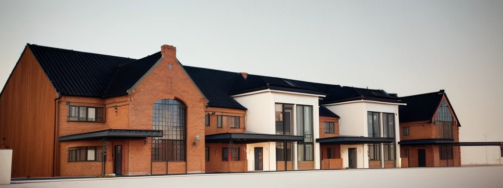 a depiction of a house with a gable roof, highly rendered, 3/4 View realistic, Architectural visualization, 3D-Rendering, rendered 3D model, 3D-Rendering, red brick wall. traditional black standing seam roof, Sky sunny. In front of the house there is a garden with flowers. left and right part Brickwall. Netherlands. Bauhaus. White facade