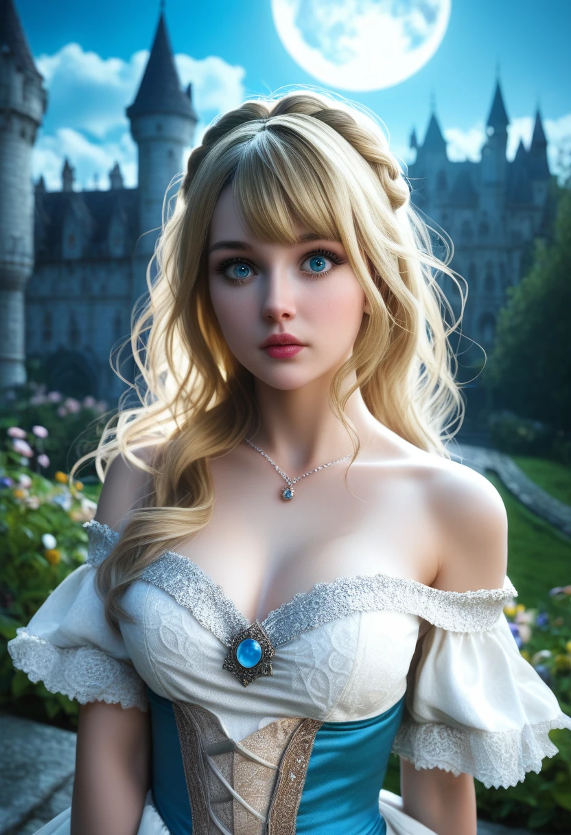 score_9, score_8_above, score_7_above, 1girl, realistic, blonde long hair with bangs, blue_eyes, realistic skin texture, detailed picture, upper_body, HD32k, royal_garden, medieval_castle, elegant_green_dress, off_shoulder_dress, moonlight, night, fullmoon, surprised
