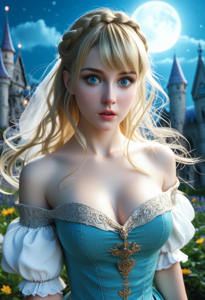 score_9, score_8_above, score_7_above, 1girl, realistic, blonde long hair with bangs, blue_eyes, realistic skin texture, detailed picture, upper_body, HD32k, royal_garden, medieval_castle, elegant_green_dress, off_shoulder_dress, moonlight, night, fullmoon, surprised