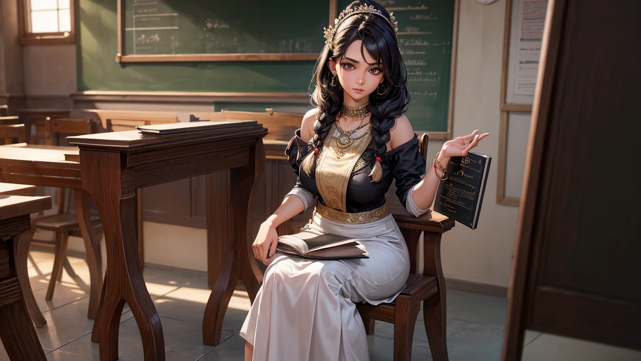 Best quality, masterpiece, Beautiful, young indian woman, teacher, college, looking straight at viewer, wearing elegant black full sleeve top and long skirt, college classroom, sitting on chair, professionalism, age, detailed face, detailed body, symmetric face, cute face, dynamic pose, perfect anatomy, holding books with hands, photorealistic, curvy body, braid hair, 8k, ultra realistic, blackboard background, ambient occlusion