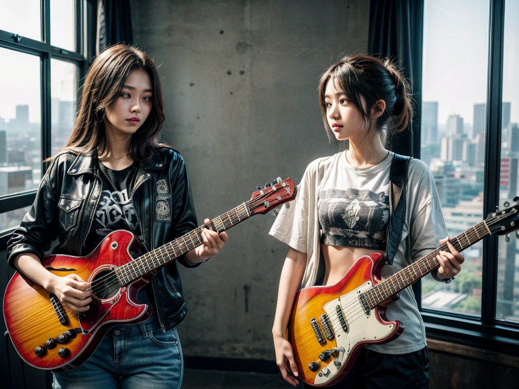 2 girl with a guitar counting on music studio , with a friend, vest, jacket, cargo pants, tshirt, crop top, (photorealistic:1.4), detailled music studio, hair decoration, windows with indonesian city view