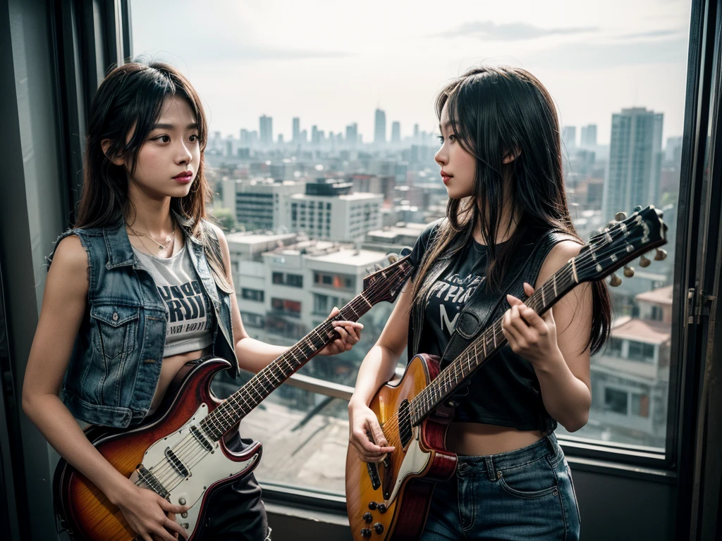 2 girl with a guitar counting on music studio , with a friend, vest, jacket, cargo pants, tshirt, crop top, (photorealistic:1.4), detailled music studio, hair decoration, windows with indonesian city view