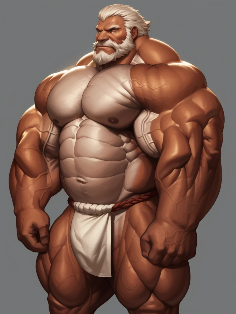 solo, 1boy, perfect anatomy, perfect proportion. Huge Muscular Old man white fundoshi, view from side, pectoral, thick arms, huge pectoral, wide pectoral, short white hair, red beard and hair, simple background, masterpiece, semirealistic:1.2, high detailed, 8k, high resolution, perfect center, full view. ((really big muscle, massive muscular, sixpack, thick arms, wide pectoral, super huge muscle, hyper muscular, over sized muscle, huge arms, big arms, huge pectoral))