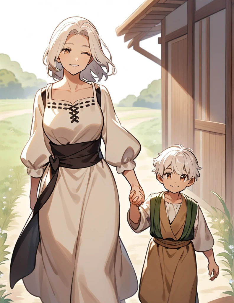 little Greek boy with white hair, wearing peasant clothes, smiling with his eyes closed while walking hand in hand with his mother, a woman with white hair and brown eyes and wearing peasant clothes