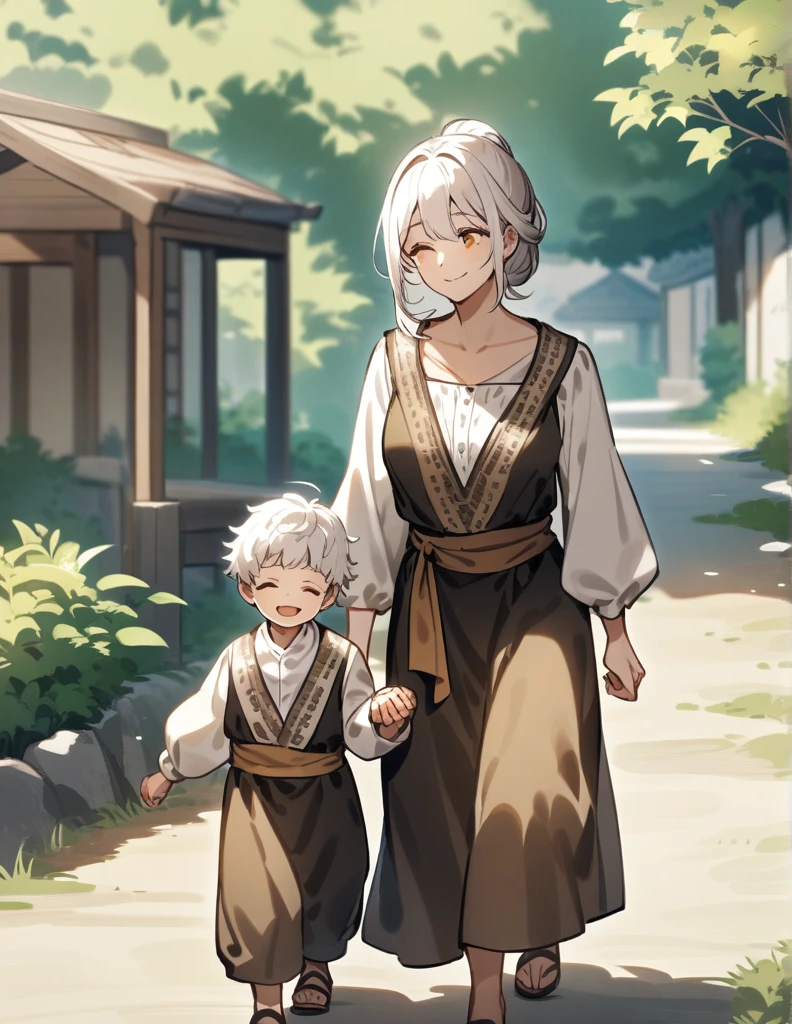 little Greek boy with white hair, wearing peasant clothes, smiling with his eyes closed while walking hand in hand with his mother, a woman with white hair and brown eyes and wearing peasant clothes