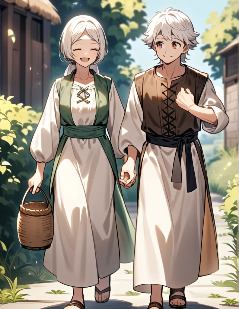 little Greek boy with white hair, wearing peasant clothes, smiling with his eyes closed while walking hand in hand with his mother, a woman with white hair and brown eyes and wearing peasant clothes