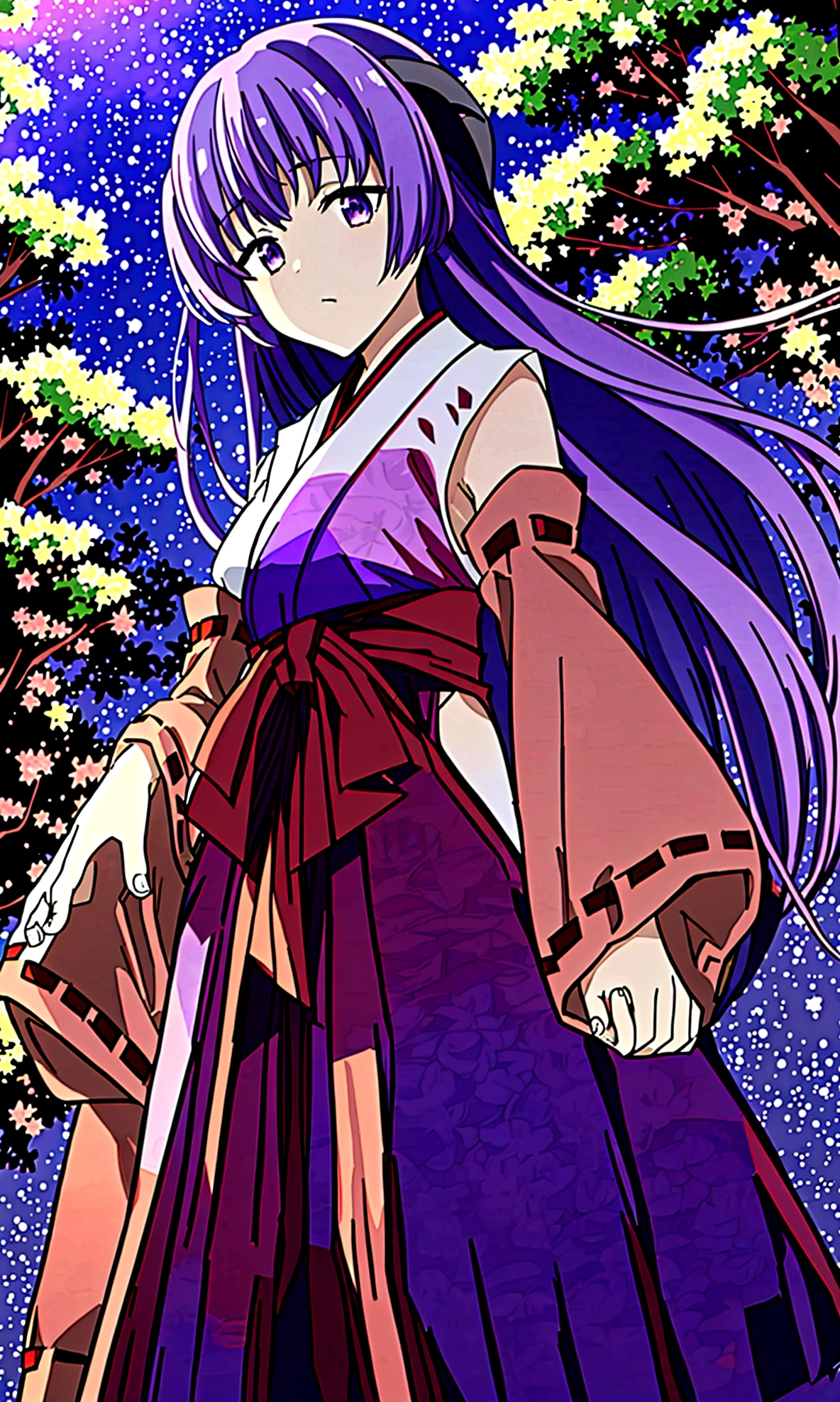 masterpiece, best quality,  stars background, outdoors, trees,  Hanyuu, 1girl, solo, purple eyes, horns, long hair, purple hair, looking at viewer,japanese clothes, miko, detached sleeves, hakama, hakama skirt, skirt, red hakama, ribbon-trimmed sleeves, close-up,