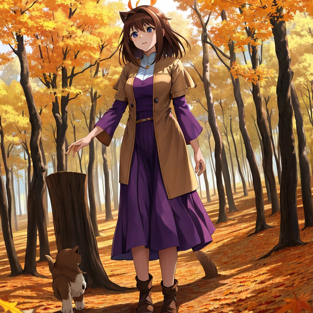 Tafah, Best quality, High accuracy, Amazake, (Antenna hair:1.), Intermediate Seasons, Brown hair, blue eyes, long purple dress with fluffy gold trim, walking through a forest, autumn leaves falling 