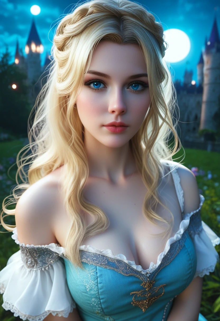 score_9, score_8_above, score_7_above, 1girl, realistic, blonde long hair with bangs, blue_eyes, realistic skin texture, detailed picture, upper_body, HD32k, royal_garden, medieval_castle, elegant_green_dress, off_shoulder_dress, moonlight, night, fullmoon, pensive
