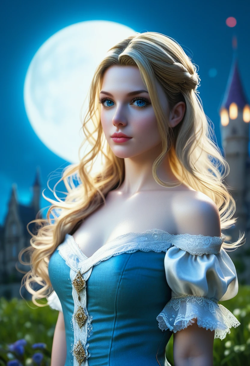 score_9, score_8_above, score_7_above, 1girl, realistic, blonde long hair with bangs, blue_eyes, realistic skin texture, detailed picture, upper_body, HD32k, royal_garden, medieval_castle, elegant_green_dress, off_shoulder_dress, moonlight, night, fullmoon, pensive