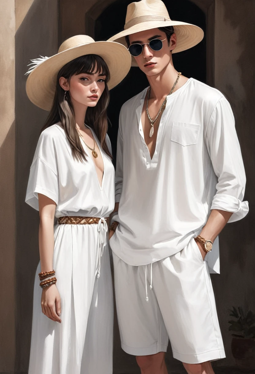 candid fashion clothing illustration of good looking young man and woman, both aged 20 year old, ((showcase fashion in a White cotton-rayon outfits)), inspired by ZARA's resort collection blending local culture and nature in elegant bohemian style. The man wears an oversized short-sleeved white shirt, paired with relaxed-fit white Straight short Pants, He completes his look with white leather-strap flip-flops, wooden-framed sunglasses, and a woven bracelet. The woman complements him in (a white a white rayon Drawstring-detail dress), Her ensemble includes with wooden accessorizes with a wide-brimmed straw hat, beaded-strap sandals and necklace. Captured in a ((full-body pose)), ((paper material background)), realistic charcoal lines, imperfect drawing, charcoal crumbs, charcoal lines, imperfection, fading sketch, sQueratogray Sketch (eddiemauro-mix),