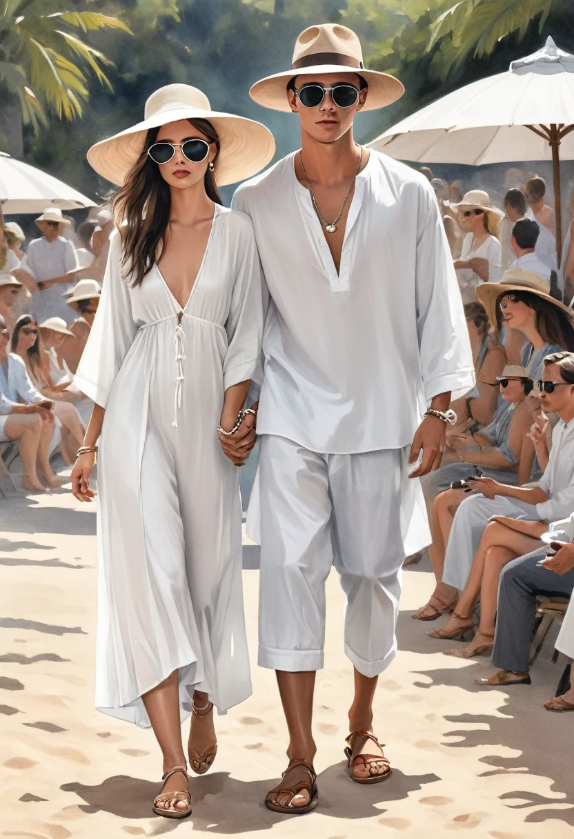 candid fashion clothing illustration of good looking young man and woman, both aged 20 year old, ((showcase fashion in a White cotton-rayon outfits)), inspired by ZARA's resort collection blending local culture and nature in elegant bohemian style. The man wears an oversized short-sleeved white shirt, paired with relaxed-fit white Straight short Pants, He completes his look with white leather-strap flip-flops, wooden-framed sunglasses, and a woven bracelet. The woman complements him in (a white a white rayon Drawstring-detail dress), Her ensemble includes with wooden accessorizes with a wide-brimmed straw hat, beaded-strap sandals and necklace. Captured in a ((full-body pose)), ((paper material background)), realistic charcoal lines, imperfect drawing, charcoal crumbs, charcoal lines, imperfection, fading sketch, sQueratogray Sketch (eddiemauro-mix),