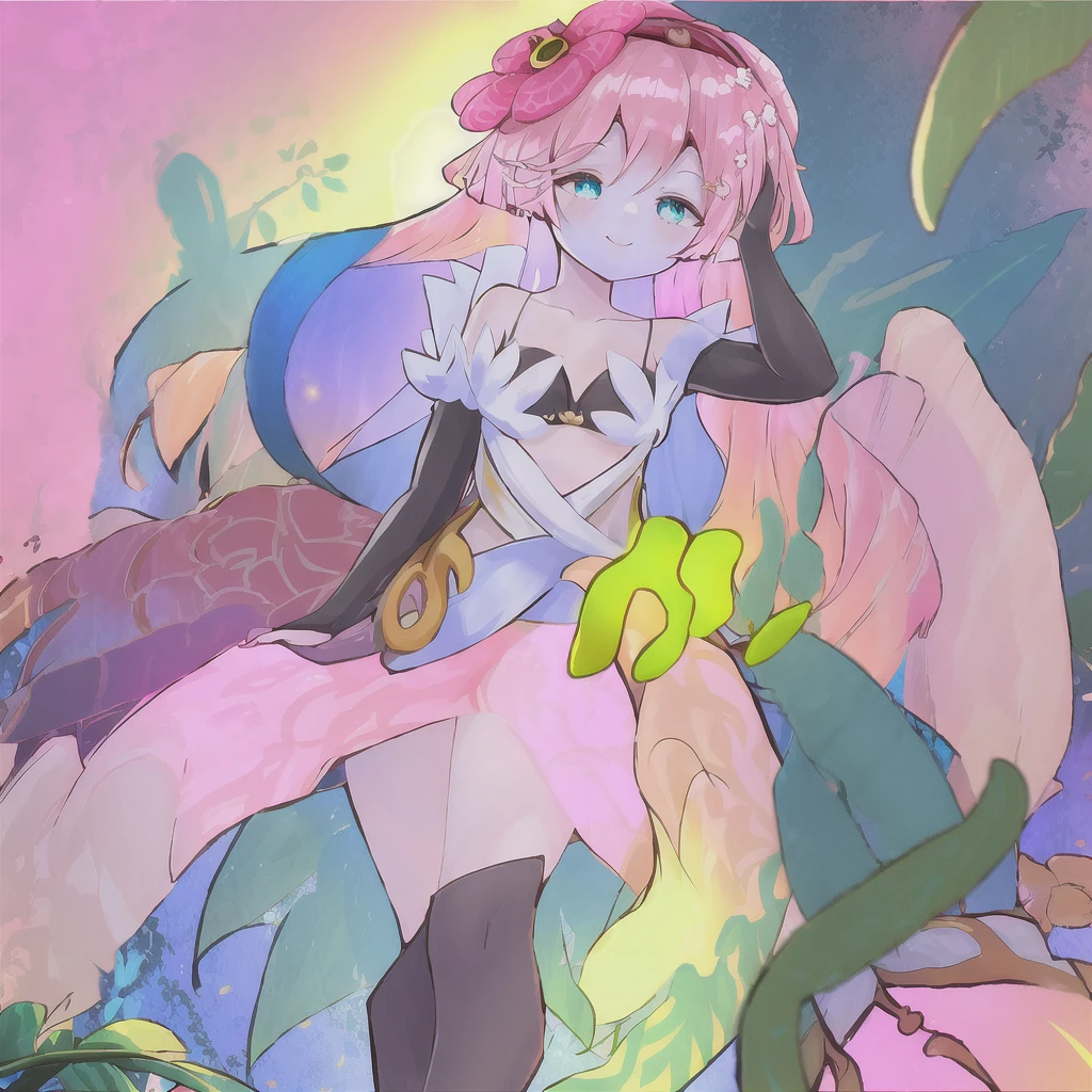 Traptrix, (best quality, masterpiece1.2), 1 girl, solo, smile, pink hair, cyan eyes, plant, white backgroud, best quality, highres,bloom effect,angle from below