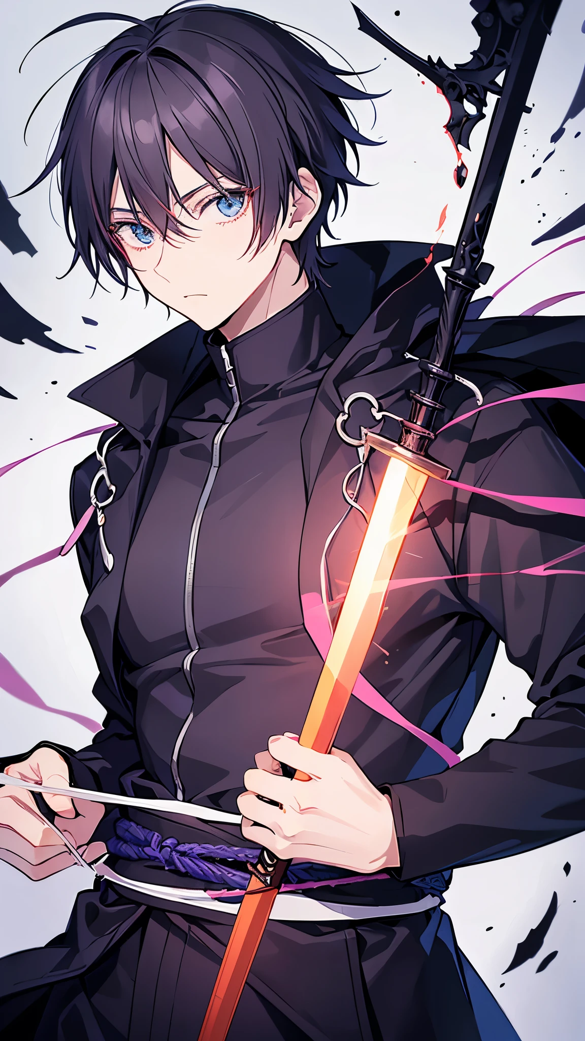 create a black Jujutsu no kaisen manga style image with a young male character extremely similar to Gaku from the Sakamoto Days manga, ele tem cabelo curto fe cor ciano claro e um capuz azul escuro quase preto, e olhos pretos, He wears red earrings and he is holding a heavy sword, he is extremely handsome and stylish, a imagem detalha bem ele, he is anime style.