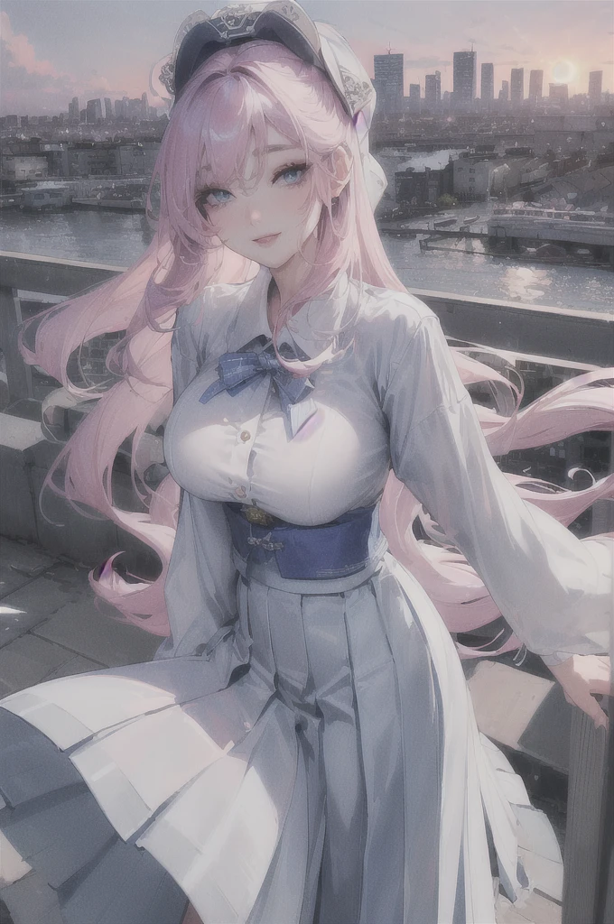 Official Art, masterpiece, Sharp focus, (Beautiful gorgeous and cute Korean woman:1.3), (Beautiful and cute Korean:1.3), Korean Beauty, Delicate and beautiful hair, eyes and face, Realistic, Super detailed, beautiful girl, blue sky, Glowing White Particles, (Side Lighting:1.2), Light of the sun, White cloud, Detailed Clouds, thin, Very big breasts and very big hips, Smiling with teeth showing, ((Smile with your eyes, Open both eyes)), scenery, Straight long hair, Sexy look, building, (Cityscape:1.7), Dynamic Hair, Straight long hair, Platinum pink hair details, Blue eyes glow, (Blue pleated shirt + White Skirt), All the buttons on his pleated shirt are undone、I'm not wearing a bra、White long socks, Pale skin, hair ornaments, epic scenery,