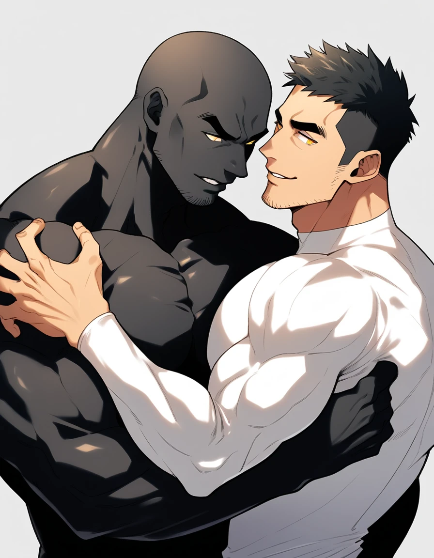 anime characters:Two superheroes in tights, Muscle superhero, negro black skin, They hugged and kissed each other, Bite your neck, Caress, Manliness, male focus, Yellow and black high collar long sleeve tight T-shirt, Slightly transparent material, Very tight, Round, full and perky chest muscles, Muscle waist, Slightly transparent, muscular male, muscular, only, Upper body, alone, Black short hair, Thick eyebrows, stubble, Yellow eyes, Grey background, simple background, amazing quality, best aesthetics, Ridiculous, bright pupils, crew cut, parted lips, seductive smile, torogao, naughty face, drop shadow, best quality