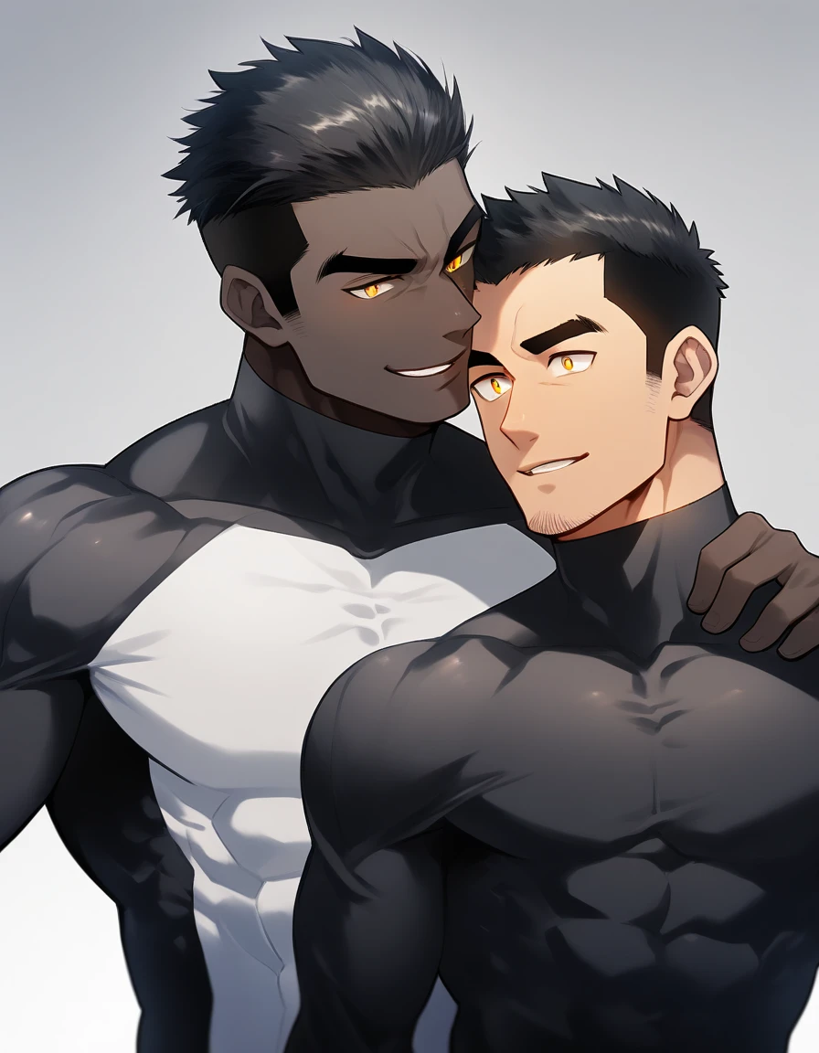 anime characters:Two superheroes in tights, Muscle superhero, negro black skin, They hugged and kissed each other, Bite your neck, Caress, Manliness, male focus, Yellow and black high collar long sleeve tight T-shirt, Slightly transparent material, Very tight, Round, full and perky chest muscles, Muscle waist, Slightly transparent, muscular male, muscular, only, Upper body, alone, Black short hair, Thick eyebrows, stubble, Yellow eyes, Grey background, simple background, amazing quality, best aesthetics, Ridiculous, bright pupils, crew cut, parted lips, seductive smile, torogao, naughty face, drop shadow, best quality