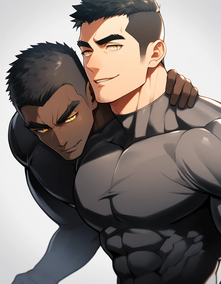 anime characters：Two superheroes in tights, Muscle superhero, negro black skin, They hugged and kissed each other, Bite your neck, Caress, Manliness, male focus, Yellow and black high collar long sleeve tight T-shirt, Slightly transparent material, Very tight, Round, full and perky chest muscles, Muscle waist, Slightly transparent, muscular male, muscular, only, Upper body, alone, Black short hair, Thick eyebrows, stubble, Yellow eyes, Grey background, simple background, amazing quality, best aesthetics, Ridiculous, bright pupils, crew cut, parted lips, seductive smile, torogao, naughty face, drop shadow, best quality