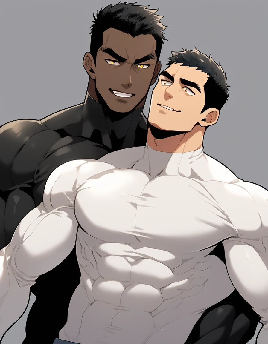 anime characters：Two superheroes in tights, Muscle superhero, negro black skin, They hugged and kissed each other, Bite your neck, Caress, Manliness, male focus, Yellow and black high collar long sleeve tight T-shirt, Slightly transparent material, Very tight, Round, full and perky chest muscles, Muscle waist, Slightly transparent, muscular male, muscular, only, Upper body, alone, Black short hair, Thick eyebrows, stubble, Yellow eyes, Grey background, simple background, amazing quality, best aesthetics, Ridiculous, bright pupils, crew cut, parted lips, seductive smile, torogao, naughty face, drop shadow, best quality