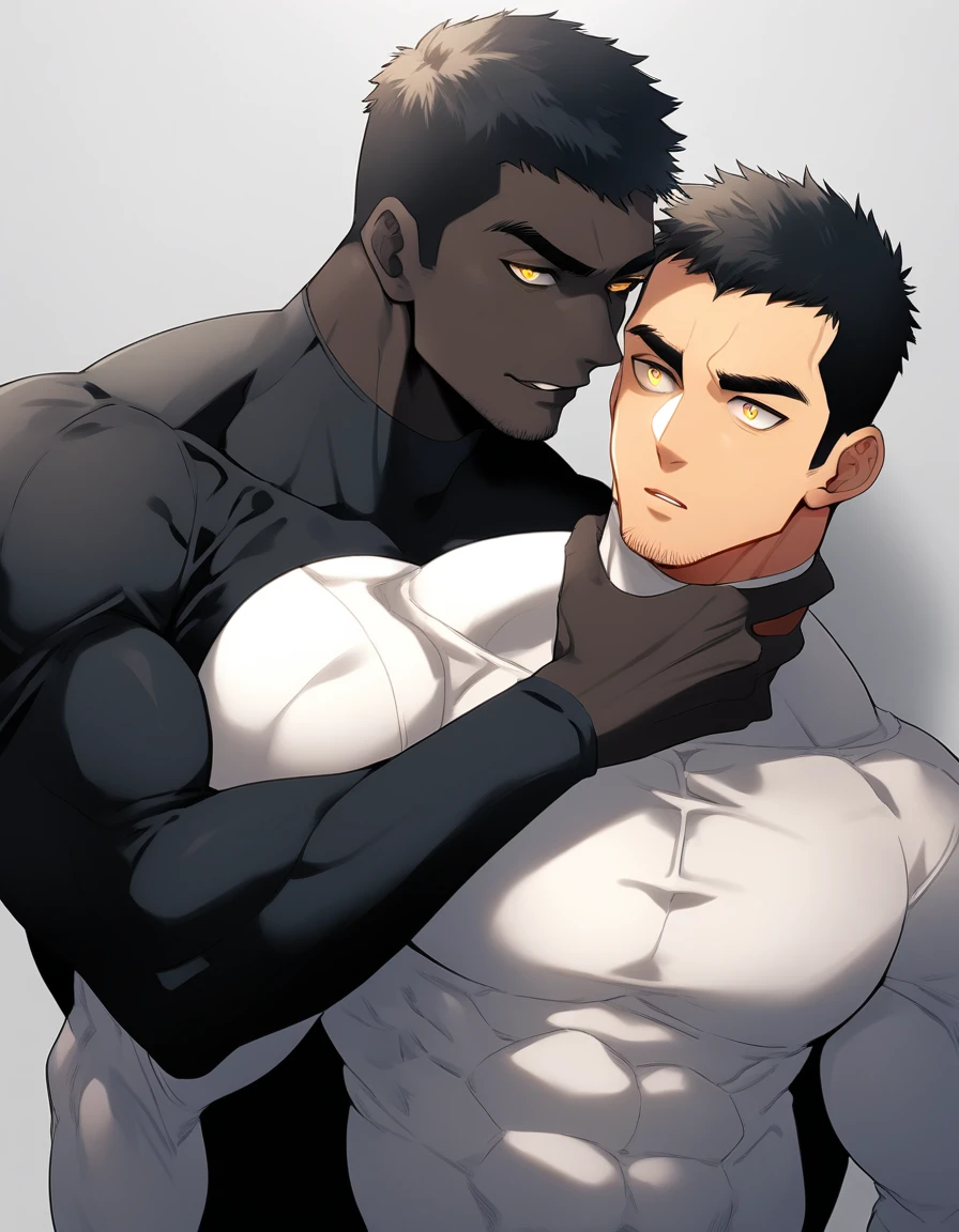 anime characters:Two superheroes in tights, Muscle superhero, negro black skin, They hugged and kissed each other, Bite your neck, Caress, Manliness, male focus, Yellow and black high collar long sleeve tight T-shirt, Slightly transparent material, Very tight, Round, full and perky chest muscles, Muscle waist, Slightly transparent, muscular male, muscular, only, Upper body, alone, Black short hair, Thick eyebrows, stubble, Yellow eyes, Grey background, simple background, amazing quality, best aesthetics, Ridiculous, bright pupils, crew cut, parted lips, seductive smile, torogao, naughty face, drop shadow, best quality