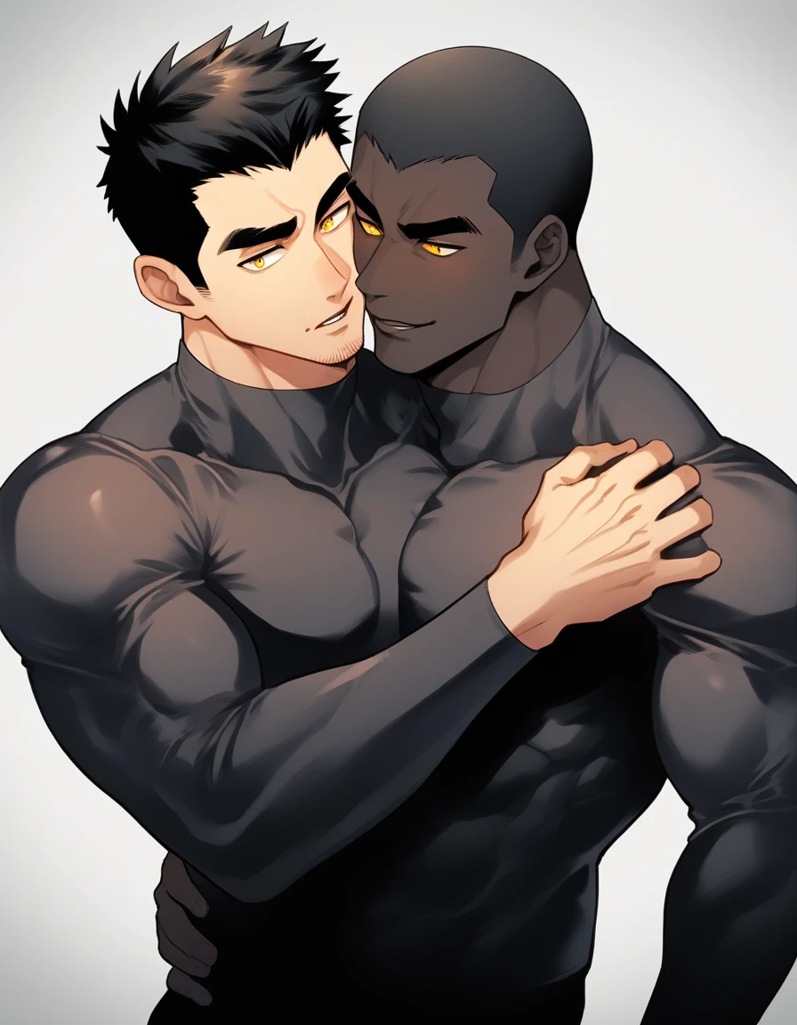 anime characters:Two superheroes in tights, Muscle superhero, negro black skin, They hugged and kissed each other, Bite your neck, Caress, Manliness, male focus, Yellow and black high collar long sleeve tight T-shirt, Slightly transparent material, Very tight, Round, full and perky chest muscles, Muscle waist, Slightly transparent, muscular male, muscular, only, Upper body, alone, Black short hair, Thick eyebrows, stubble, Yellow eyes, Grey background, simple background, amazing quality, best aesthetics, Ridiculous, bright pupils, crew cut, parted lips, seductive smile, torogao, naughty face, drop shadow, best quality