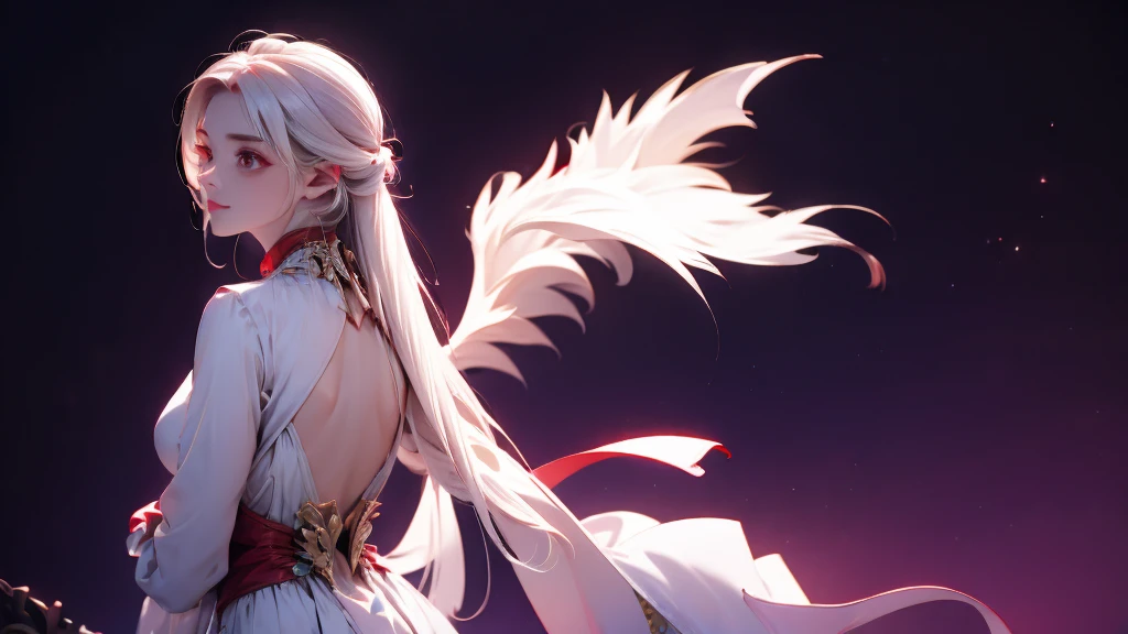 1 Girl, medium light white hair, light white eyes, wearing red Suit , night home 18+, high res, ultrasharp, 8K, masterpiece, looking from behind