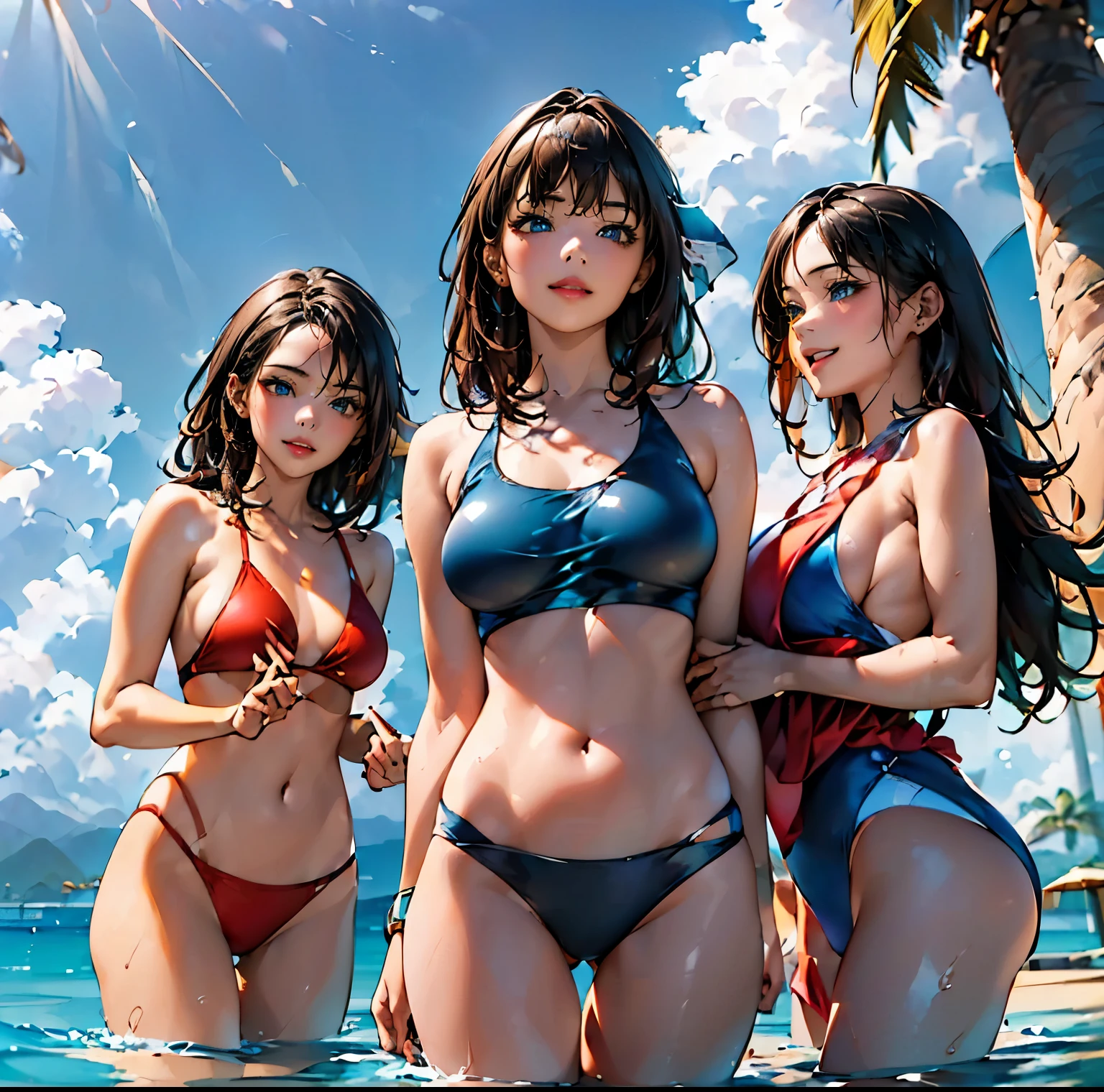 ((Highest quality、masterpiece、8K、Realistic、超High resolution、Very delicate and beautiful、High resolution、Cinema Lighting、Realistic style, Vibrant colors, High Contrast, Sharp details, 8K resolution)), (Three young women having fun playing in the blue sea:1.8), sunny summer day, White sand beach, Turquoise Sea, Transparent waves, sunlight reflected on the water surface, ((Women in swimsuits, One person is wearing a red bikini, One of them is wearing a white swimsuit, The other one is in a blue swimsuit, Smiling and splashing water)), A small island can be seen in the distance, Palm tree, Parasol, Beach ball,