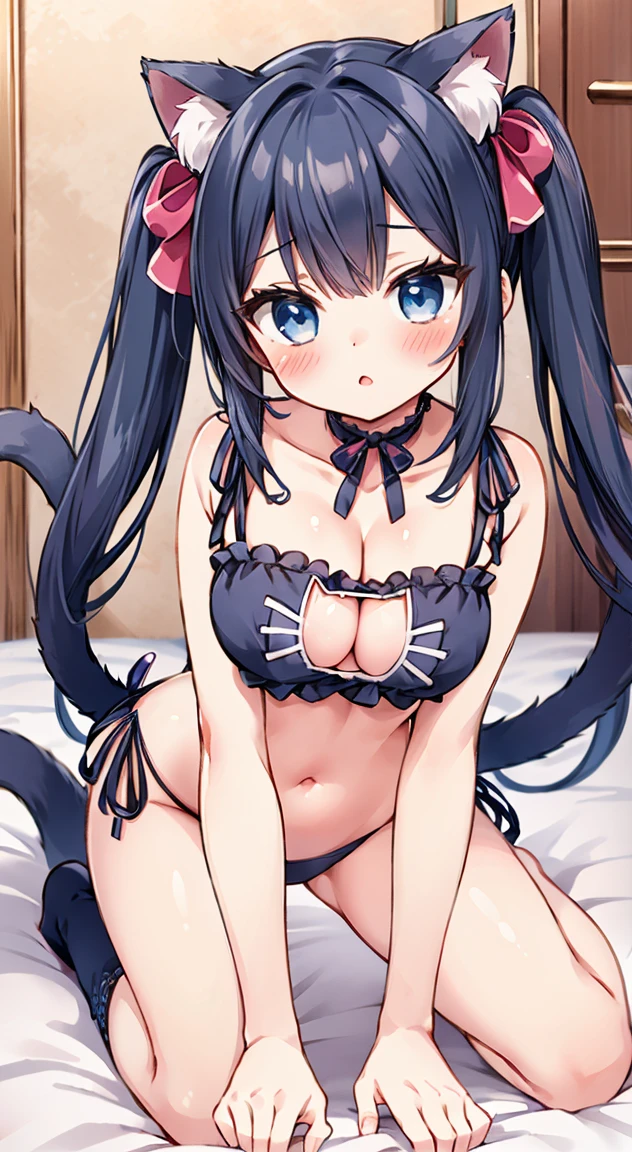 1girl,Blue cat lingerie,{{{cat paw globe,cat paws}}},{{{{{thick thighs}}}}},miniskirt,pleated skirt,lifted by tail,cat tail,navel,ass,from side,{slit pupils},twisted torso,cleavage