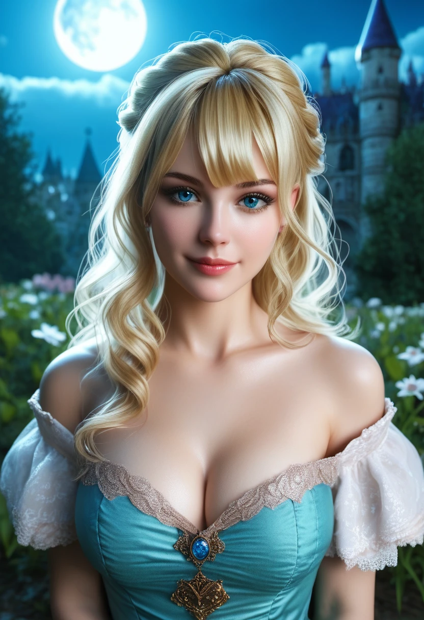 score_9, score_8_above, score_7_above, 1girl, realistic, blonde long hair with bangs, blue_eyes, realistic skin texture, detailed picture, upper_body, HD32k, royal_garden, medieval_castle, elegant_green_dress, off_shoulder_dress, moonlight, night, fullmoon, seductive_smile