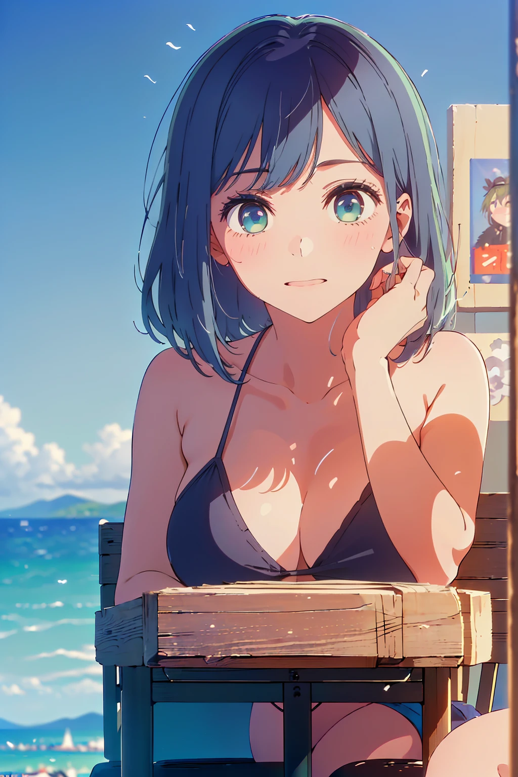 (Highest quality:1.4、masterpiece:1.4、Super detailed:1.4、8K:1.4)、F cup bust、Big Breasts、Slim body、((((1 person、Surprised expression、sit、Chair、In the background are the urban buildings of Tokyo、looking at the camera、Outdoor café terrace、coastal、Navy hair color、juice、Shooting up close、table、Very cute face))))、(Pose of putting hair behind ears with hands:1.4、Cheek resting on hand:1.4)、((nude、Areola、bikini size too small))、Very blue sky、A completely cloudless sky、Big eyes、((((Shallow depth of field))))