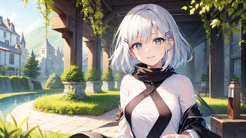 Her eyes were shining、Mysterious and enchanting atmosphere。With AI Painting、とてもShort Hair, Long bangs between the eyes, Very detailed,(masterpiece、Highest quality)、alone、Gray Hair、Fantasy, Silver Hair, Fantasyな風景、White shirt、smile、Open your mouth、Scarf、short hair、Short Hair、hairpin、black eye、Grey Eyes、Beautiful Eyes