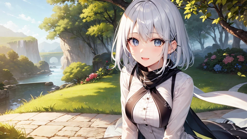 Her eyes were shining、Mysterious and enchanting atmosphere。With AI Painting、とてもShort Hair, Long bangs between the eyes, Very detailed,(masterpiece、Highest quality)、alone、Gray Hair、Fantasy, Silver Hair, Fantasyな風景、White shirt、smile、Open your mouth、Scarf、short hair、Short Hair、hairpin、black eye、Grey Eyes、Beautiful Eyes