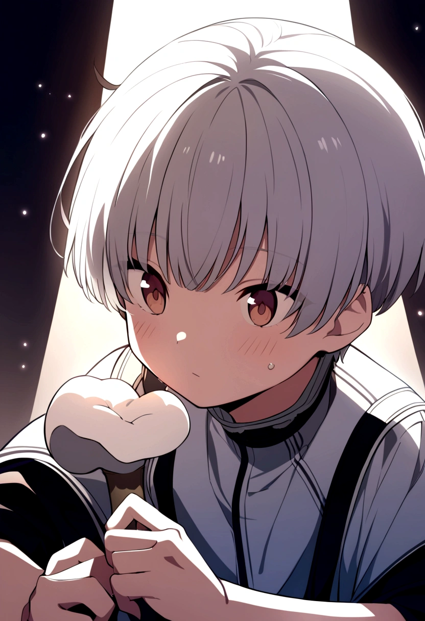 A boy with white mushroom-cut hair, anime, Holding a microphone and looking at me
