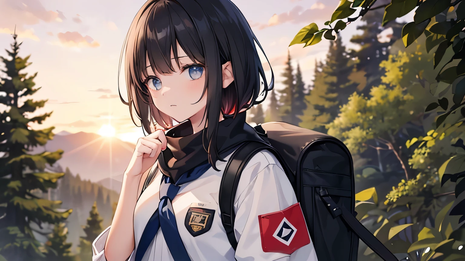A 19-year-old girl with short shoulder-length black hair and blue eyes., dressed in a Boy Scout uniform. The girl is wearing an olive green shirt with badges and patches on the sleeves, a red scout scarf around the neck, And brown shorts. It is standing in a natural environment, surrounded by trees and vegetation, In the sunset, with a backpack hanging on one shoulder and a worried look on his face.