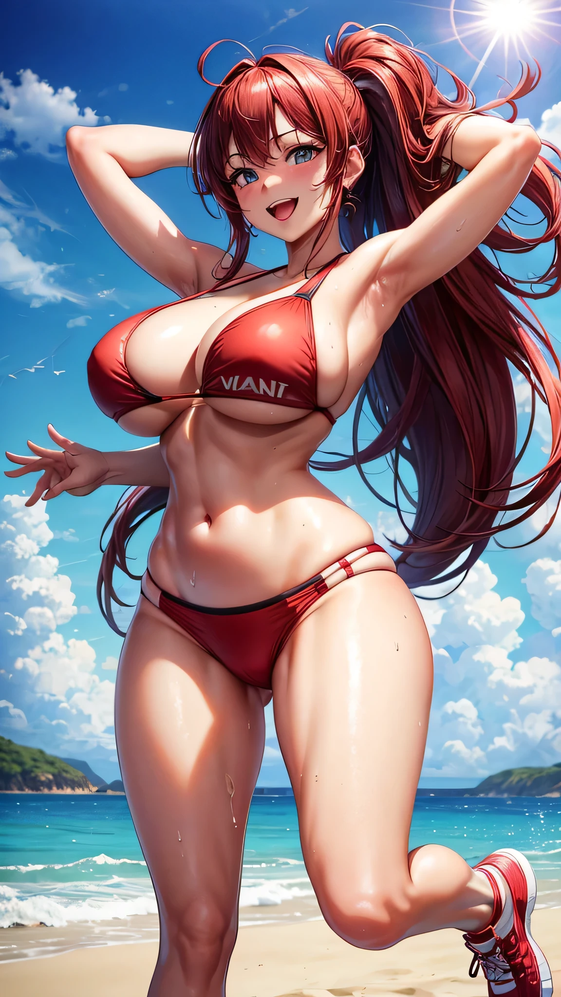 8k,high quality, face perfect, high quality, smile, open mouth,big busty, gym shoes, sweaty body, red ??????, beach, sun, sunshade 